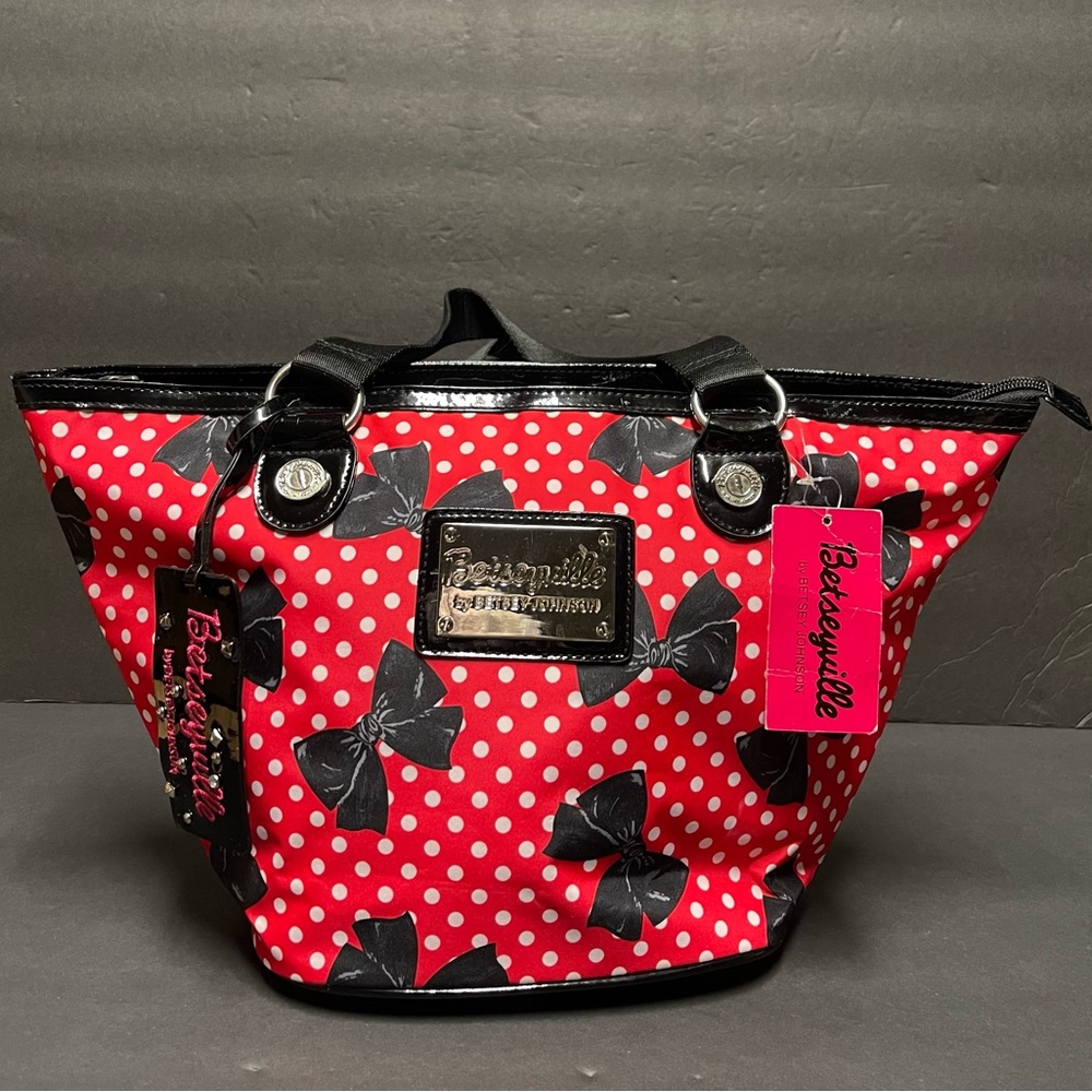 Betsey Johnson Red Polka Dot Tote with Black Bow Accents - Picture 6 of 7